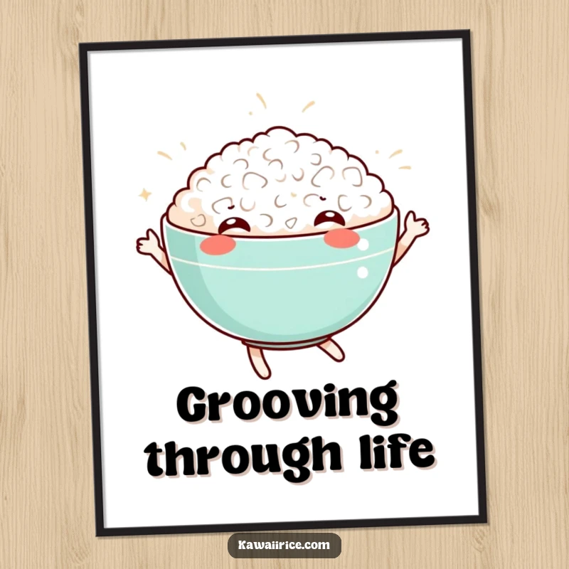 Funny digital art print of a happy rice bowl doing a silly dance. Instant downloadable joy for your decor.
