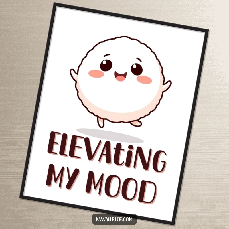 Funny rice ball digital art print of a smiling character doing a happy hop, ideal for instant wall decor.