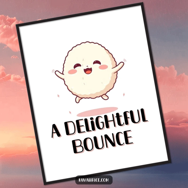 Funny Digital Art Print of a cute rice ball character in a dynamic, bouncy jump, radiating infectious joy and playful energy.