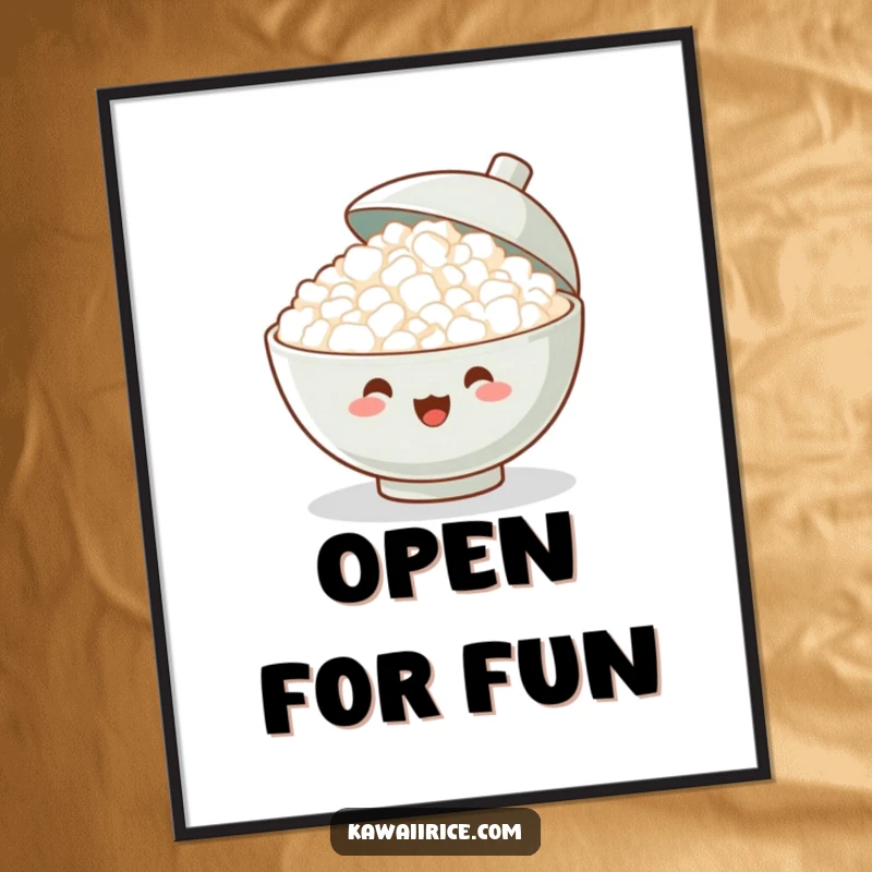 Funny Digital Art Print: A jubilant bowl of rice cheering with its lid open, capturing infectious energy and pure celebration instantly.