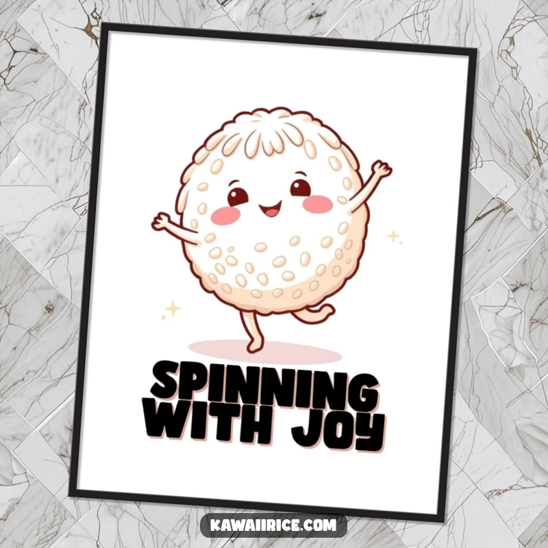 Funny rice character digital art print of a smiling character doing a cartwheel with happy dots, ideal for instant wall decor.