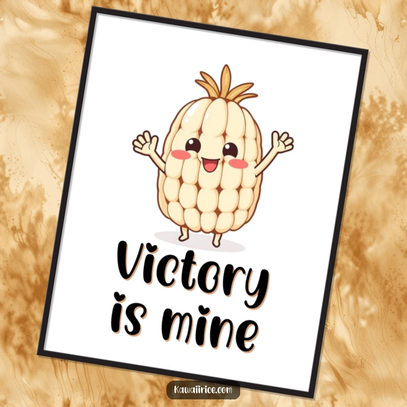 Funny rice grain digital art print of a happy character with tiny arms waving, ideal for instant wall decor.