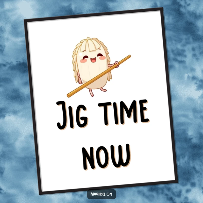 Funny Digital Art Print: A rice character executes a silly jig on a massive chopstick, capturing dynamic movement and pure, unadulterated fun.