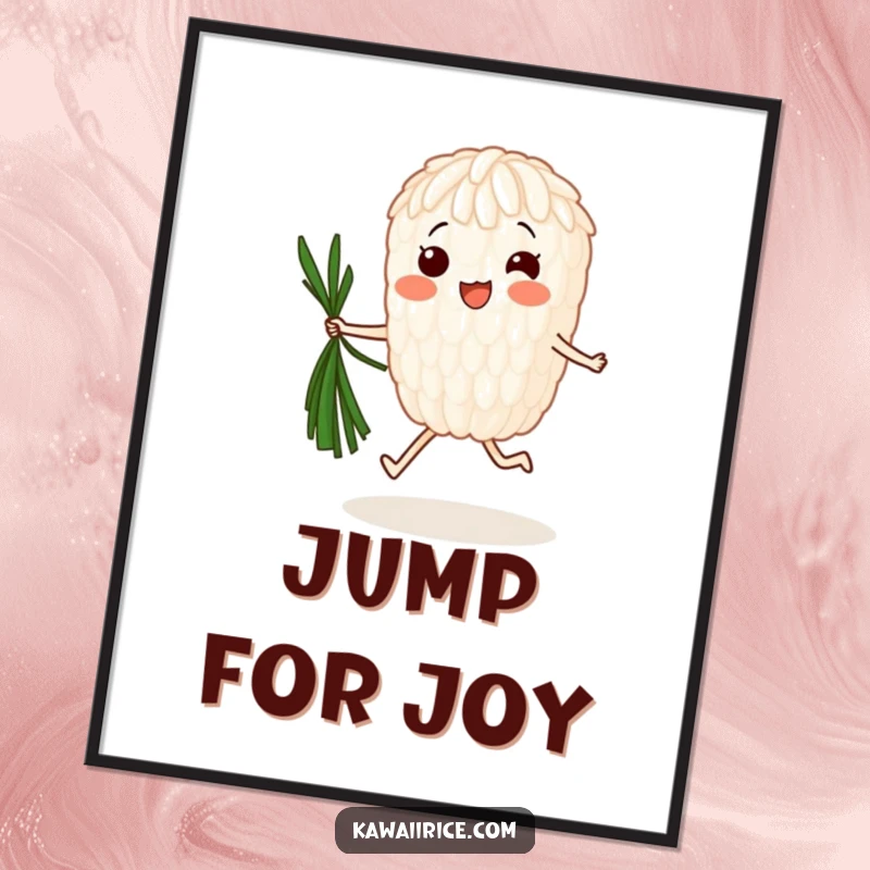 Funny Digital Art Print: A happy rice grain energetically jumps rope with a strand of seaweed, capturing dynamic movement and healthy, humorous fun.