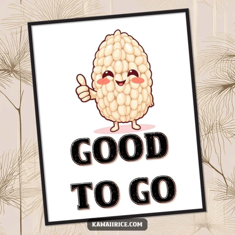 Funny Digital Art Print: A smiling rice grain giving a strong thumbs up via a quirky noodle arm, radiating positivity and instant cheer.