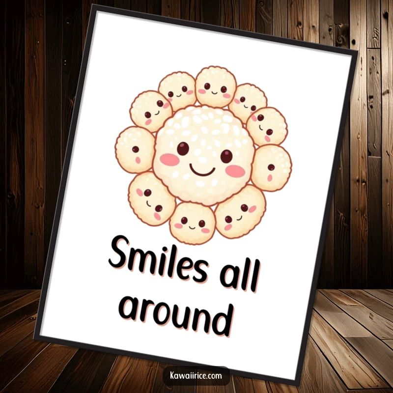 Funny digital art print of a smiley face composed of many tiny, happy rice balls. Instant joy decor.