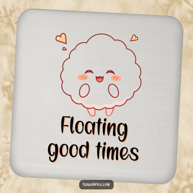 Funny rice cloud drink coaster featuring a fluffy character giggling and floating upwards, protecting surfaces.