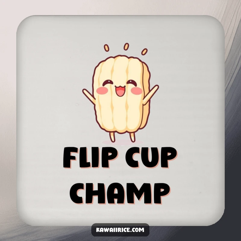 Funny drink coasters with a cheerful rice grain doing a flip. Protects surfaces with energetic humor.