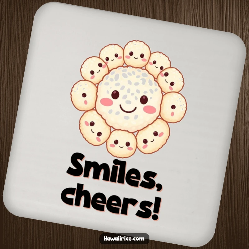 Funny drink coasters with a big smiley face made of rice balls. Protects surfaces with a happy design.