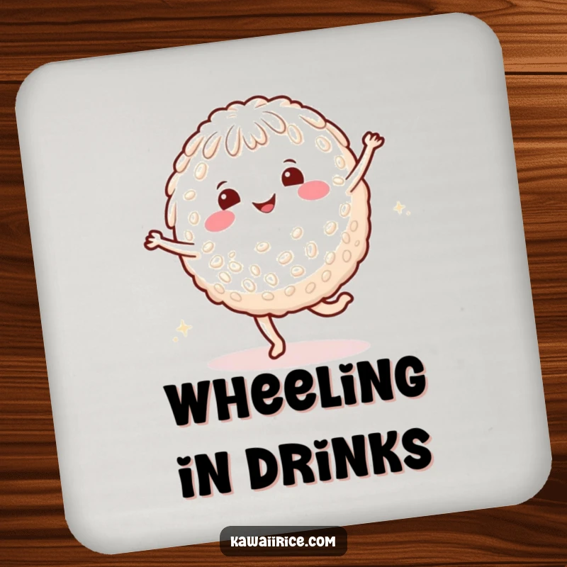 Funny rice character drink coaster featuring a smiling character doing a cartwheel with happy dots, protecting surfaces.