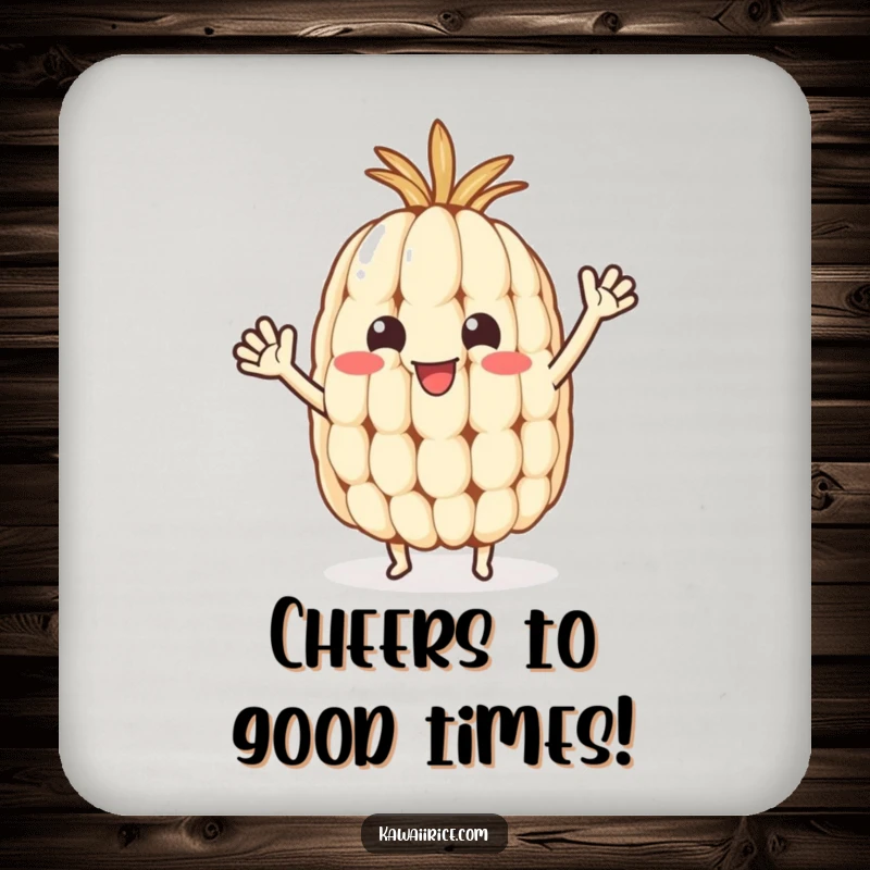 Funny rice grain drink coaster featuring a cute character with tiny arms waving happily, protecting surfaces.