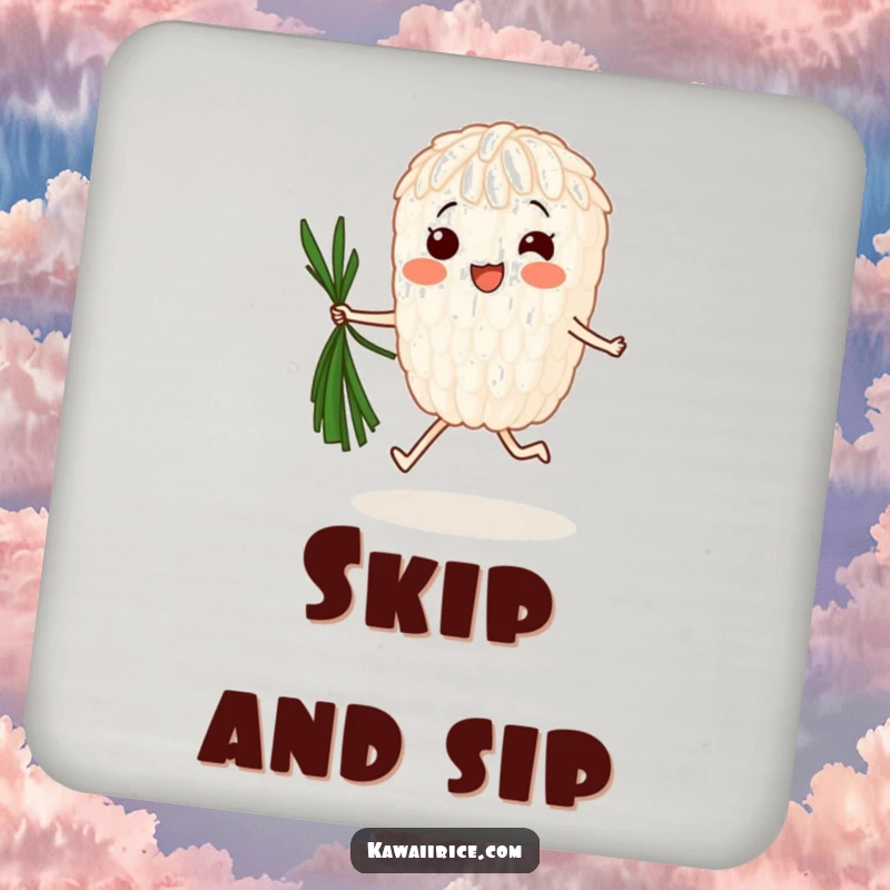 Funny Coaster: A happy rice grain jumps rope with seaweed, providing a humorous and stable resting place for drinks.