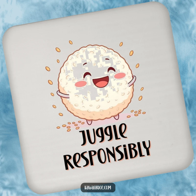Funny rice ball drink coaster featuring a grinning character juggling tiny grains, protecting surfaces.