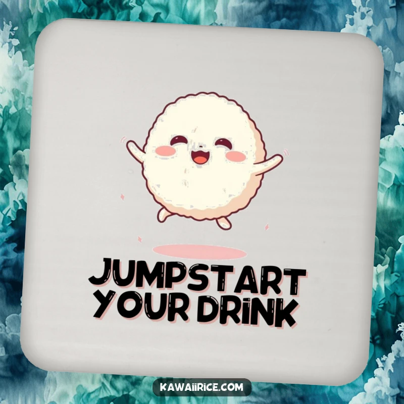 Funny Drink Coaster showing a cute rice ball character performing a bouncy jump, adding cheerful humor and surface protection.
