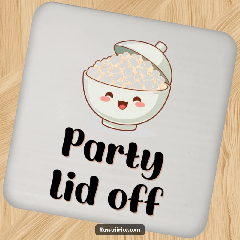 Funny Coaster: A happy bowl of rice cheers with its lid lifted, guarding your surfaces with a smile and a dash of celebratory fun.