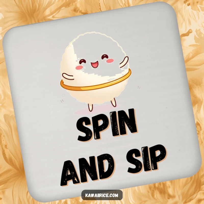 Funny Coaster: A cute glob of rice enthusiastically hula-hooping, guarding your surfaces with a smile and a dash of silliness.