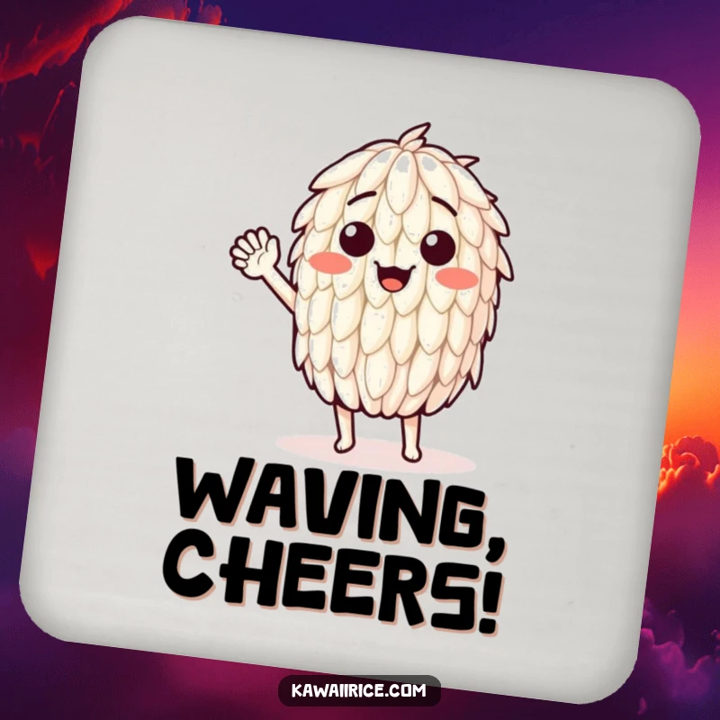 Funny drink coasters featuring a smiling rice grain waving hello. Protects surfaces with a friendly design.