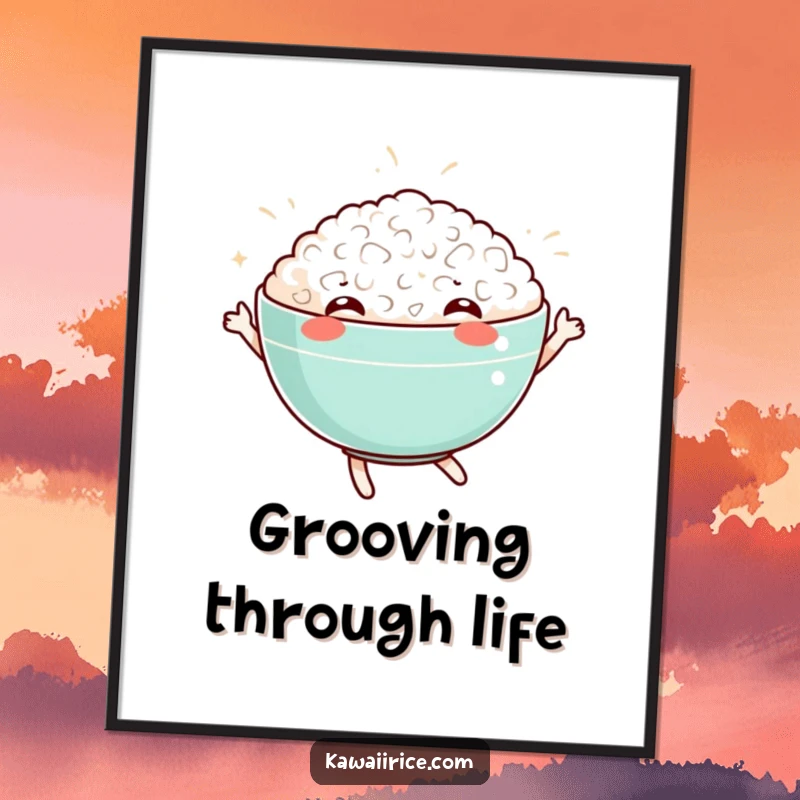 Funny poster displaying a happy rice bowl dancing with infectious energy. Ideal wall decor for a cheerful atmosphere.