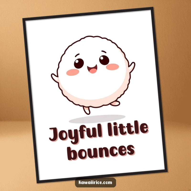 Funny rice ball poster depicting a round, smiling character executing a joyful hop, adding whimsical charm.