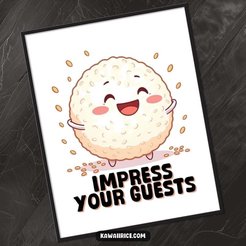 Funny rice ball poster depicting a grinning character skillfully juggling tiny grains, perfect for playful wall decor.
