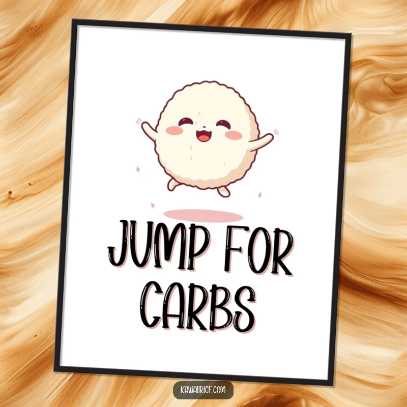 Funny Poster depicting a cute rice ball character in a dynamic, bouncy jump, full of energy and infectious joy.