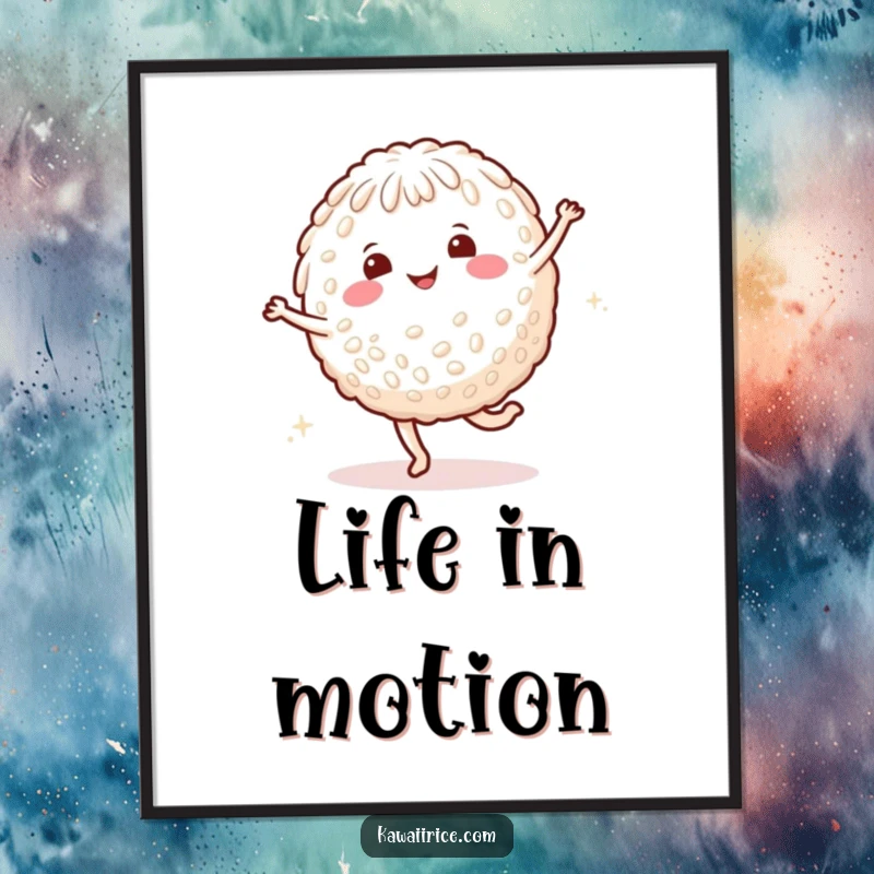 Funny rice character poster depicting a smiling character mid-cartwheel with scattered happy dots, perfect for dynamic decor.