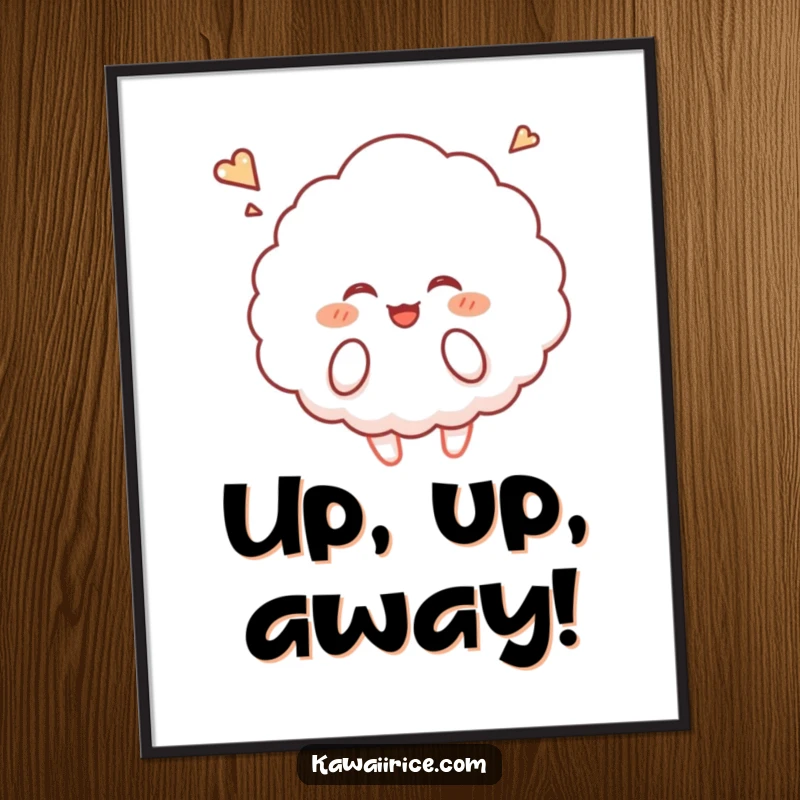 Funny rice cloud poster depicting a fluffy character giggling and floating upwards, perfect for whimsical wall decor.
