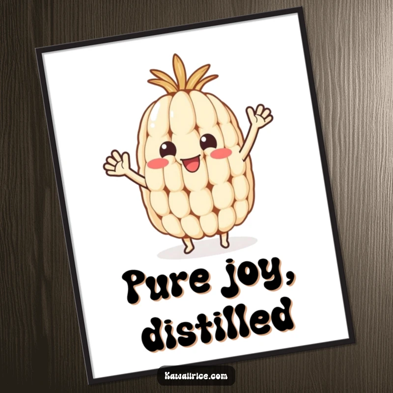 Funny rice grain poster depicting a happy character with small arms joyfully waving, perfect for festive decor.
