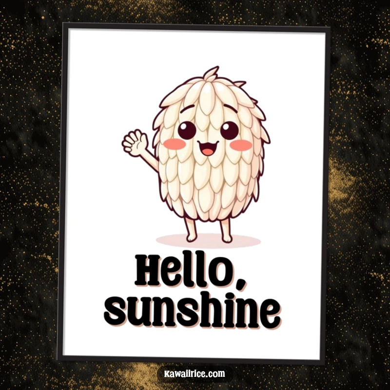 Funny poster featuring a happy rice grain character waving energetically. Perfect wall art for a cheerful home.