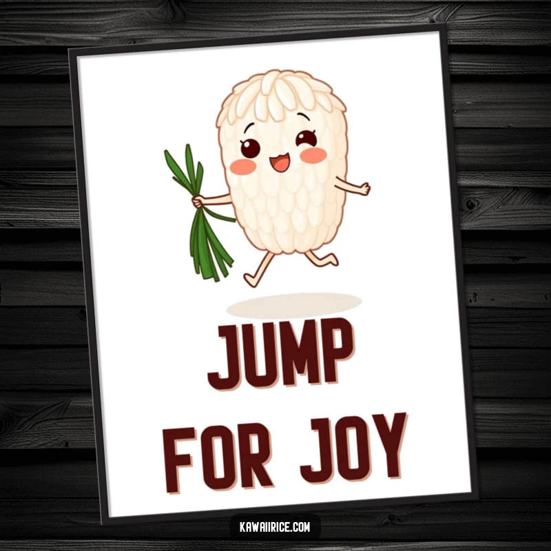 Funny Poster: A joyful rice grain energetically jumps rope using a strand of seaweed, bringing dynamic humor and a feel-good vibe to any room.