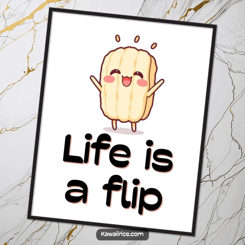 Funny poster depicting a cheerful rice grain executing a perfect, joyful flip. Dynamic and uplifting wall art.