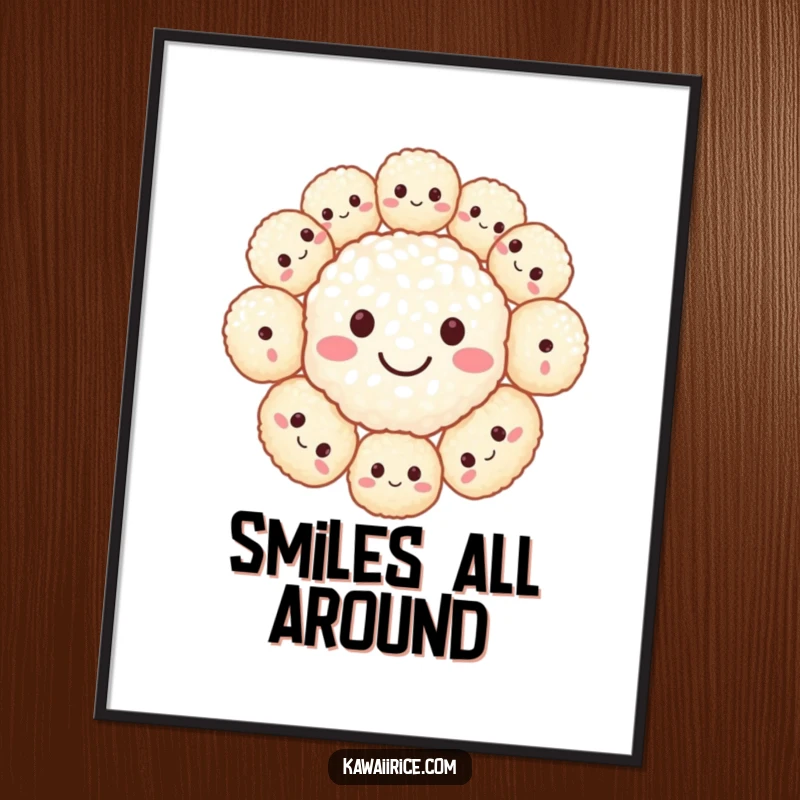 Funny poster displaying a large smiley face formed by many happy rice balls. Joyful and bright wall art.