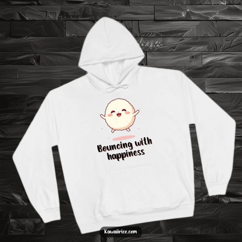 Funny Hoodie with a cute rice ball character performing a bouncy jump, exuding warmth and playful energy.