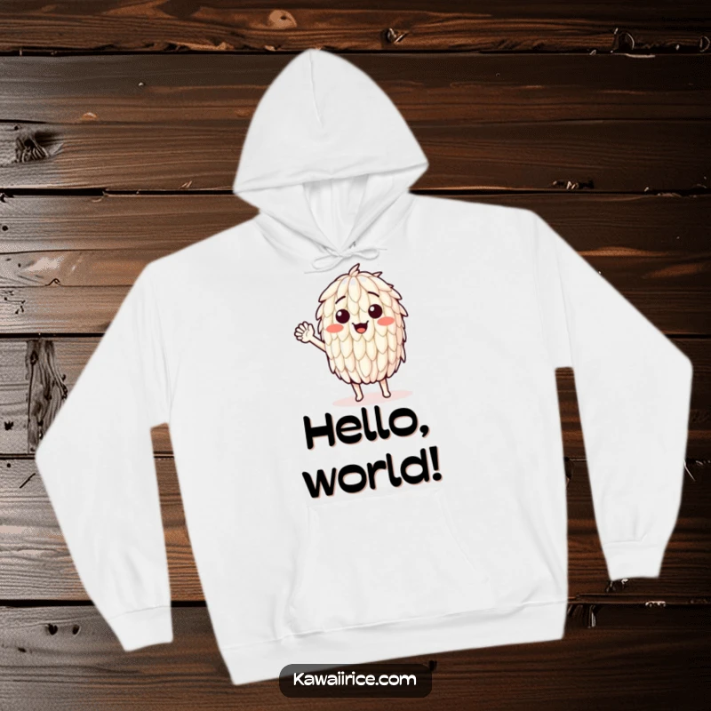Funny hoodie featuring a cheerful rice grain character waving with great enthusiasm. A welcoming and cozy choice.