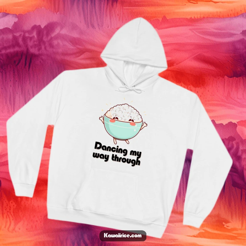 Funny hoodie showcasing a happy bowl of rice performing a delightful dance. A cozy and comical choice.