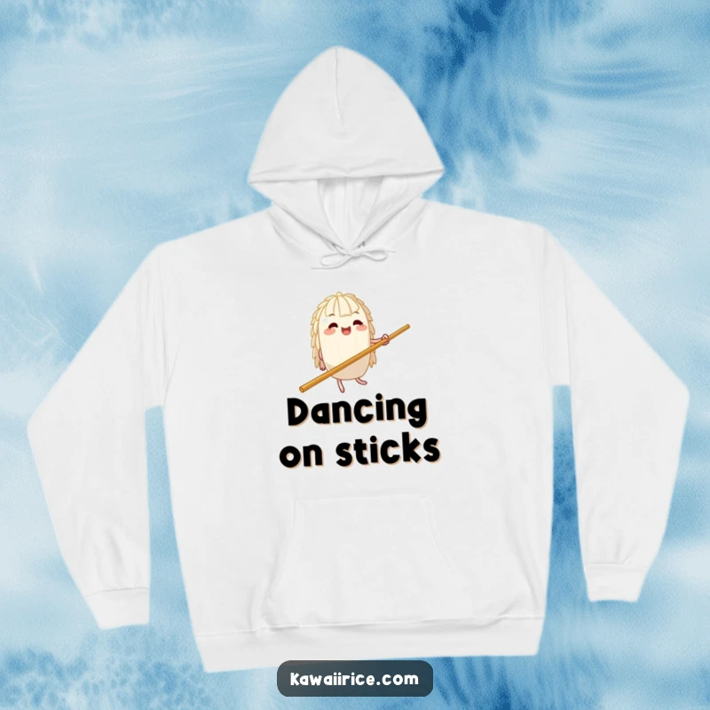 Funny Hoodie: A happy rice character jigs playfully on a huge chopstick, radiating cozy, humorous energy, perfect for relaxing.