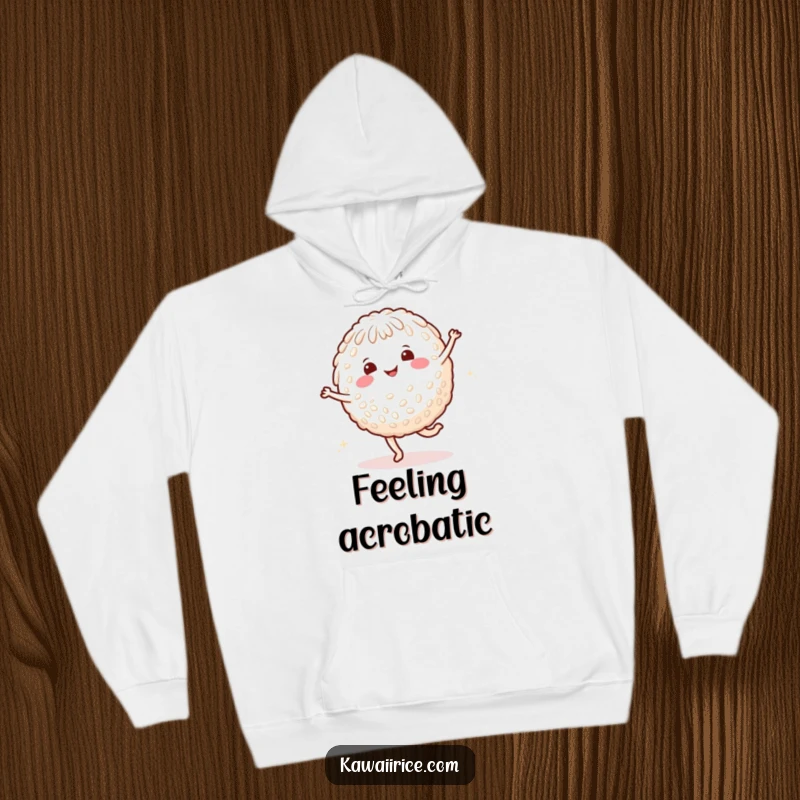 Funny rice character hoodie showcasing a smiling character mid-cartwheel with happy dots, perfect for cozy relaxation.