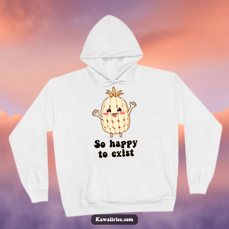 Funny rice grain hoodie showcasing a happy character with tiny arms waving, perfect for staying warm and cheerful.