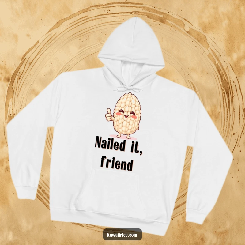 Funny Hoodie: A joyful rice grain confidently gives a thumbs up with a thin noodle arm, radiating warmth and humorous encouragement.