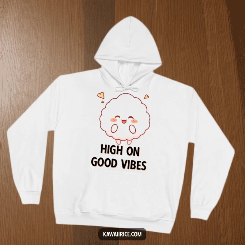 Funny rice cloud hoodie showcasing a fluffy character giggling and floating upwards, perfect for cozy relaxation.