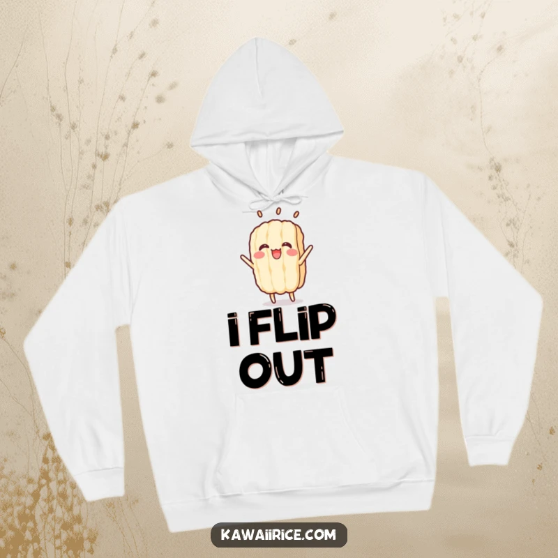 Funny hoodie featuring a cheerful rice grain character executing a graceful flip. Cozy and athletic design.