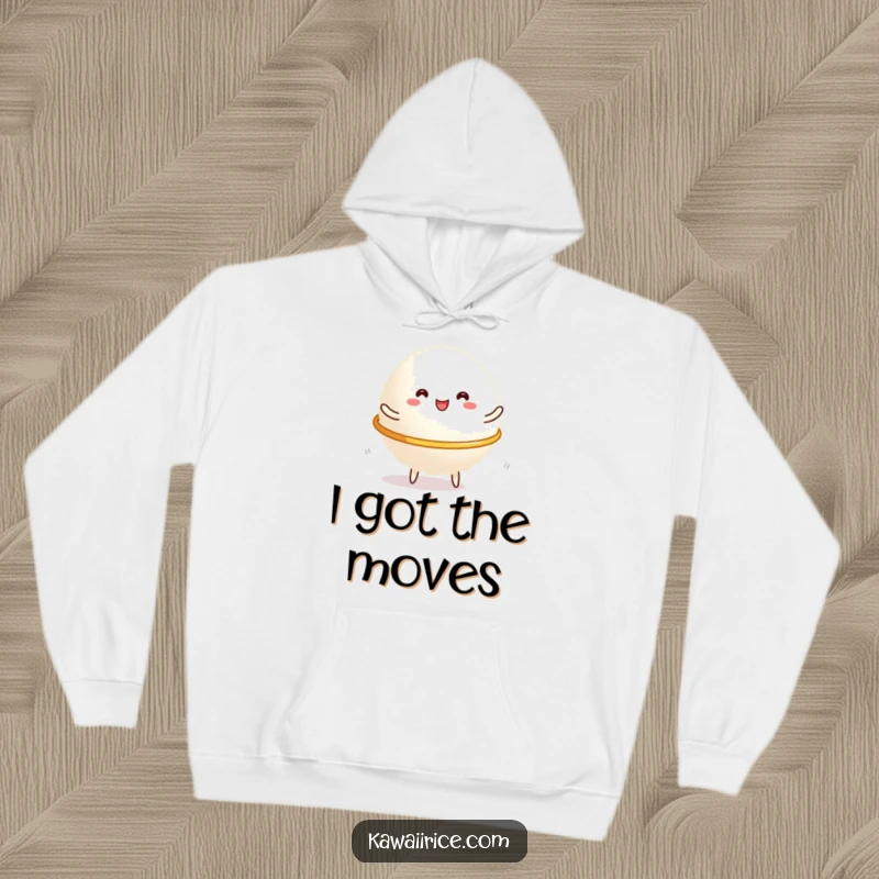 Funny Hoodie: A chubby glob of rice energetically hula-hooping with a gleeful look, radiating warm and round humor, perfect for chilly days.