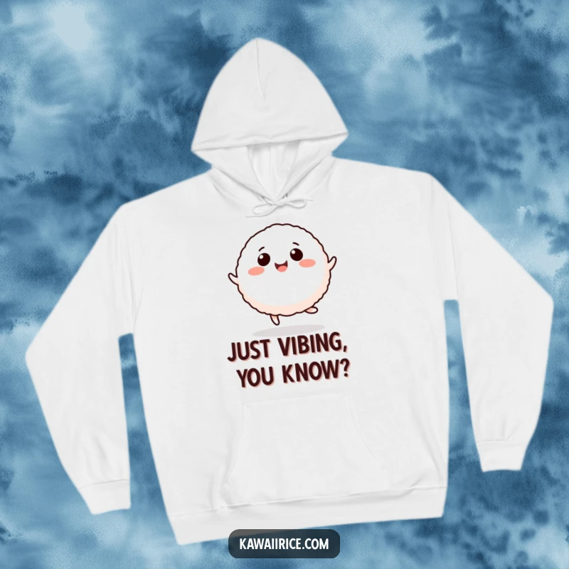 Funny rice ball hoodie showcasing a happy cartoon character mid-hop, perfect for staying warm and giggling.