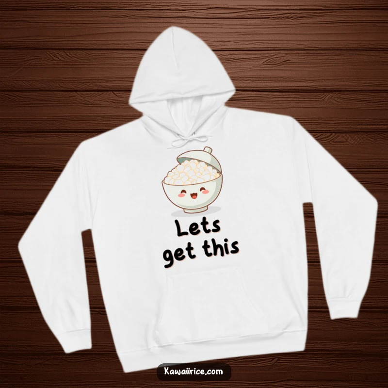 Funny Hoodie: A happy bowl of rice cheers enthusiastically, lid ajar, radiating cozy and celebratory vibes, perfect for relaxing.