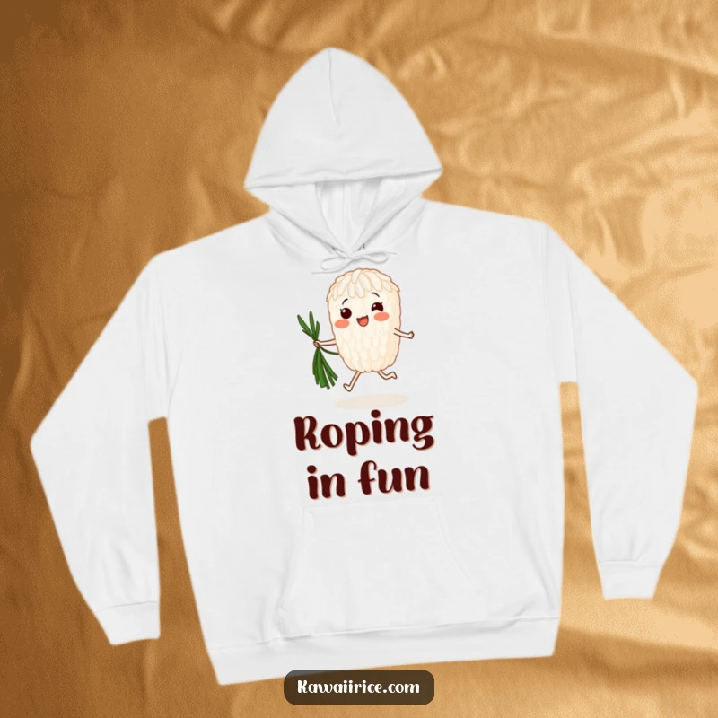 Funny Hoodie: A happy rice grain jumps rope with seaweed, radiating cozy, humorous energy, perfect for staying warm and active.