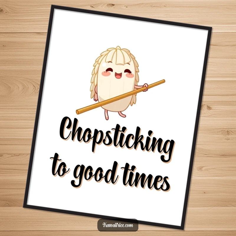 Funny Free Printable Wall Art of a rice character doing a silly jig on a giant chopstick, adding whimsical fun to any room.