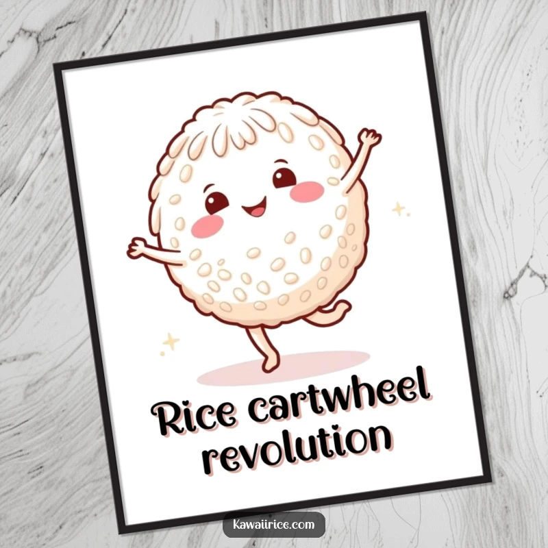 Funny Free Printable Wall Art: A smiling rice character mid-cartwheel, radiating pure joy with happy dots.