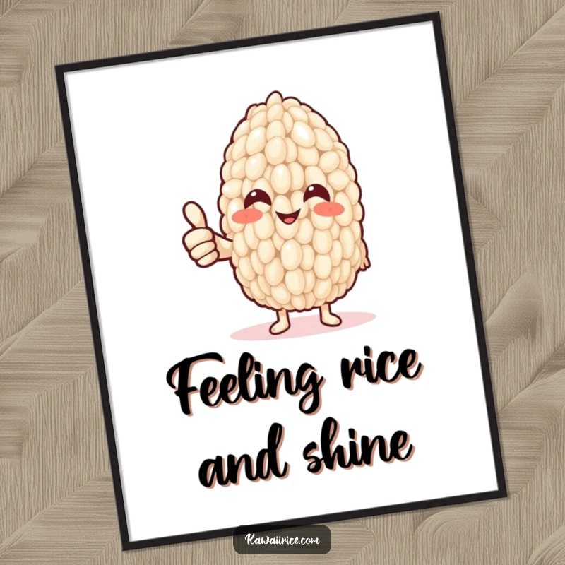 Funny Free Printable Wall Art featuring a smiling rice grain giving a thumbs up with a tiny noodle arm, radiating good vibes.