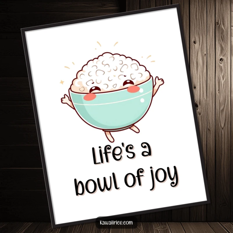 Funny Free Printable Wall Art: A happy bowl of rice enthusiastically doing a silly dance in a kitchen setting.