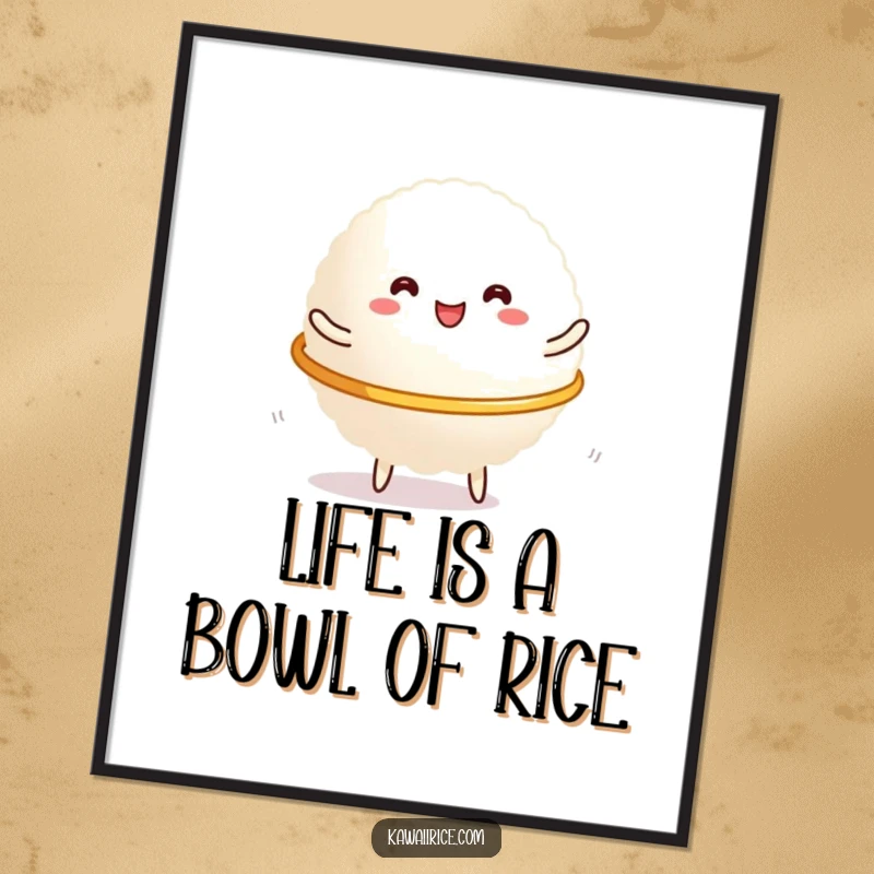 Funny Free Printable Wall Art depicting a joyful rice glob mid-hula hoop spin, bringing laughter and charm to your space.